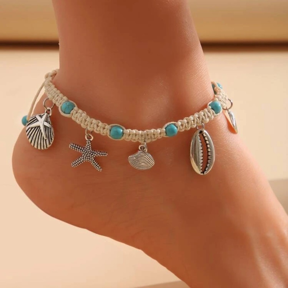 Starfish & Shell Charm Adjustable Anklet - Picture 1 of 4